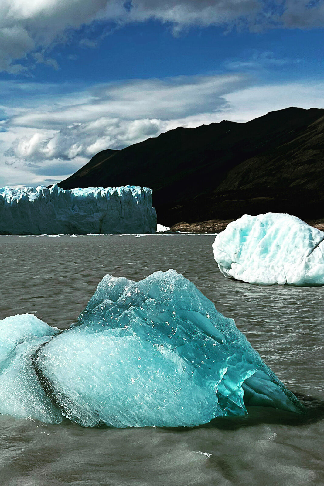 A blue iceberg floats through the glacial silt waters of the Perito Moreno Glacier.